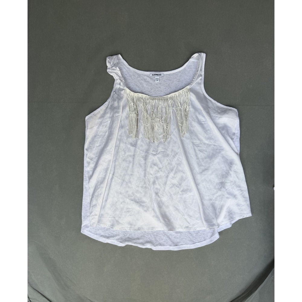 Express White Fringe Beaded Mixed Media Tank Top Sleeveless XL Scoop Neck